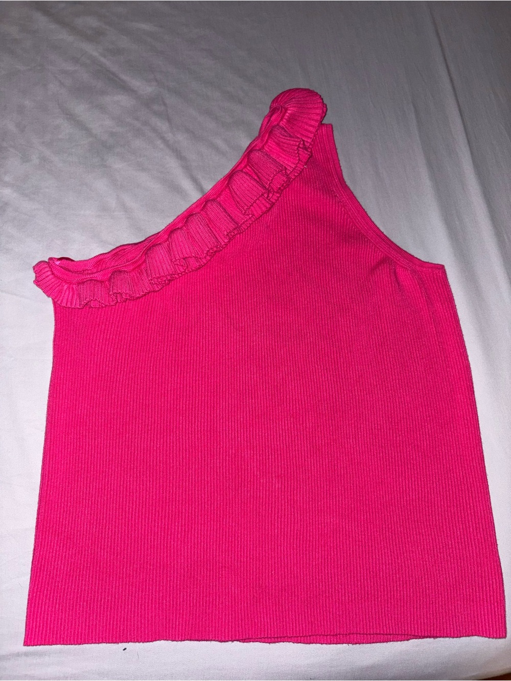 One-Shoulder Ruffle Ribbed Tank Top - Hot Pink